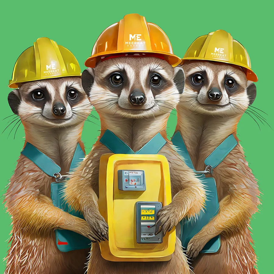 Three meerkats in Meerkat Energy hardhats and overalls, holding a smart electricity meter.